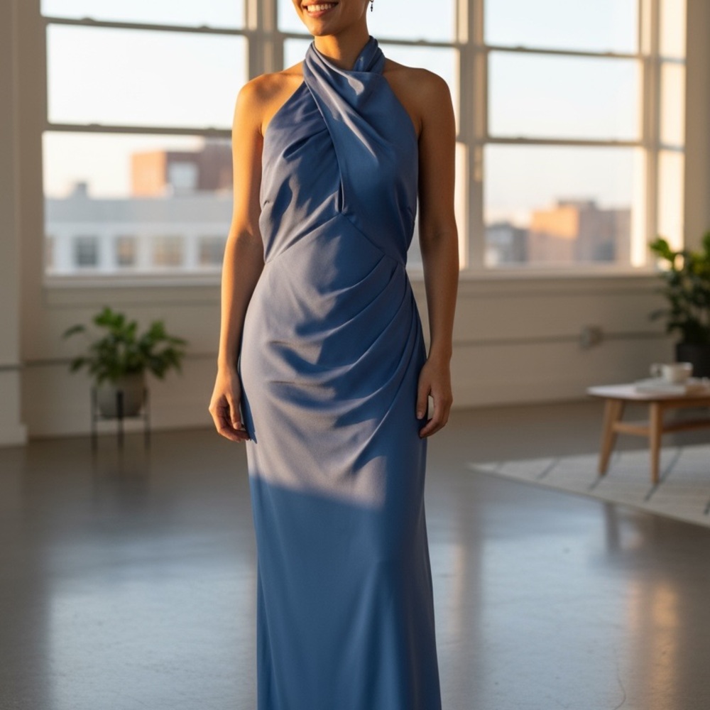 Elegant Blue Halter Neck Dress